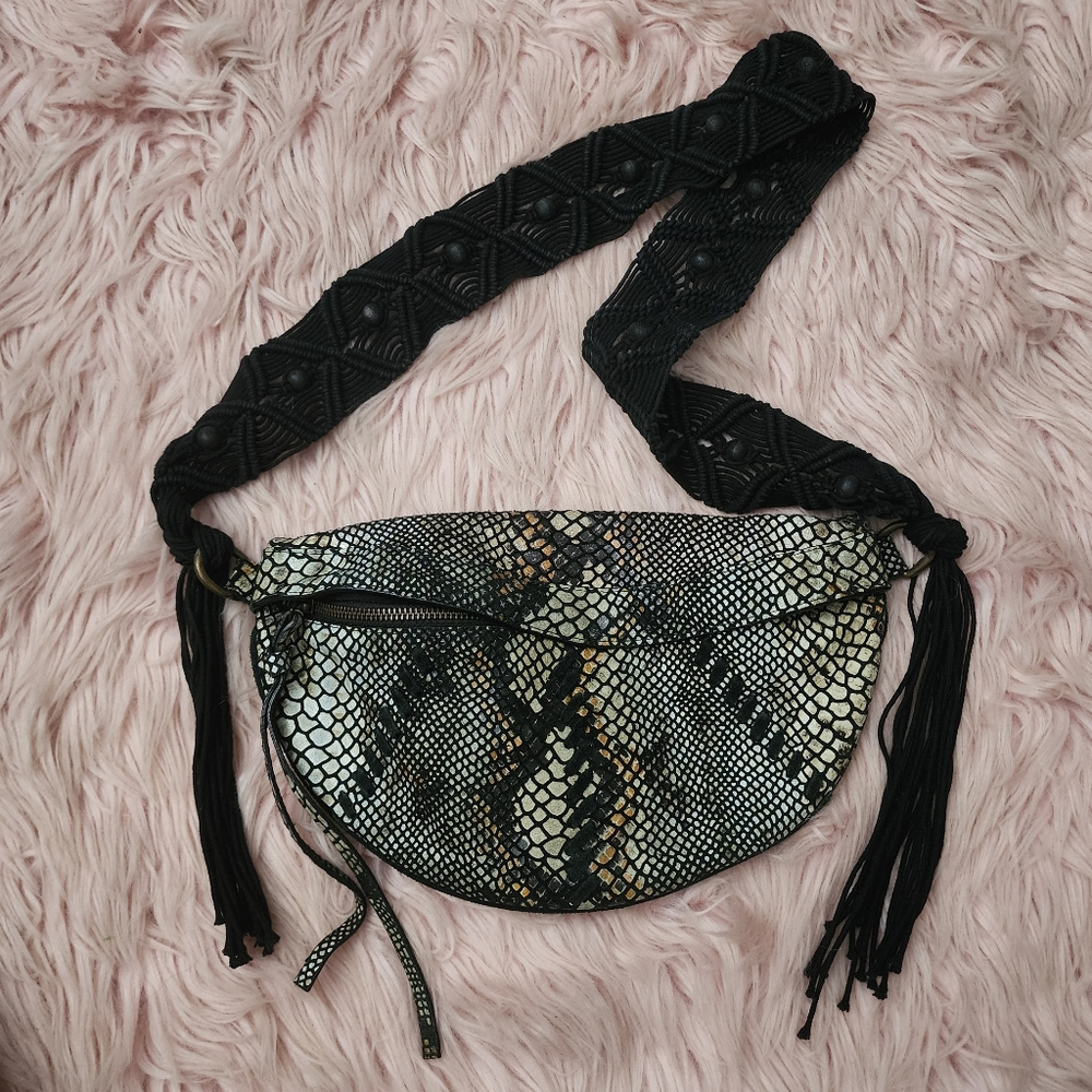 Free People Farrah Macramé Sling Bag black suede snake print black